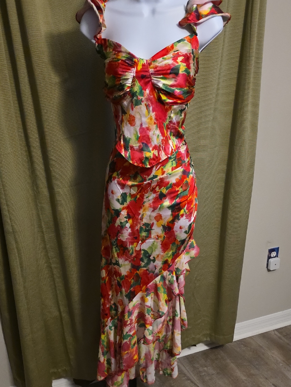 SHEIN Red Multi Floral Ruffle Maxi 2pc